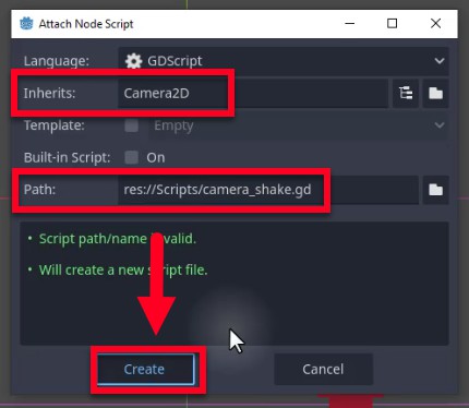 Aquesta imatge mostra el diàleg "Adjuntar script de node" a Godot, on s'està creant un script nou per a un node Camera2D; el camp "Hereta" s'estableix a "Camera2D", i el "Camí" s'especifica com a "res://Scripts/camera_shake.gd", amb missatges de validació que confirmen que el camí és vàlid i que es crearà un fitxer nou; una fletxa vermella assenyala el botó "Crear" ressaltat, que indica el següent pas per generar el fitxer de script com a part de la implementació de l'efecte de sacsejada de la pantalla quan el jugador pateix danys.