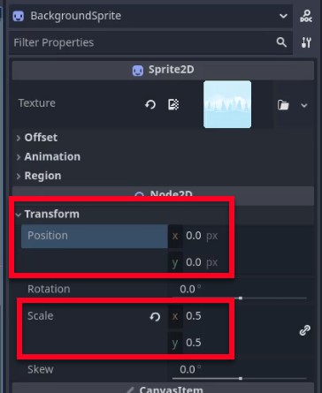 La imatge mostra el tauler d'inspector d'un Sprite2D anomenat "BackgroundSprite", destacant la secció Transformació on la posició s'estableix a (x: 0,0 px, y: 0,0 px) i l'escala s'estableix a (x: 0,5, y: 0,5), alineant-se amb les instruccions de la lliçó per centrar i canviar la mida de l'sprillax per a la configuració visual i polir.