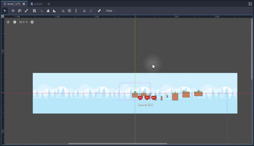 La imatge mostra una escena de joc en 2D a l'editor de Godot, que mostra un fons de rajoles horitzontals compost per un cel blau clar que es repeteix i sprites blancs de muntanya, que s'estenen pel nivell per evitar retalls. Un quadre de selecció rosa destaca un grup d'elements en primer pla, com ara icones de cor vermell i caixes marrons, amb l'etiqueta "Puntuació: 500" visible a sota. L'escena es veu amb un zoom del 38,6%, amb línies de quadrícula i eixos de coordenades (X i Y) visibles per a referència espacial. Aquesta configuració reflecteix l'enfocament de la lliçó a crear un fons de rajoles sense fissures que més tard s'animarà amb un efecte de paral·laxi agrupant els sprites sota un node "Fons" i el moviment d'script mitjançant "background_parallax.gd".