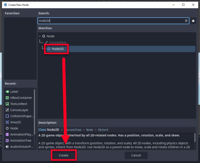 Aquesta imatge mostra el diàleg "Crea un nou node" de Godot, on l'usuari ha escrit "node2d" a la barra de cerca i seleccionat la classe "Node2D" de la llista de coincidències; una fletxa vermella apunta des del Node2D seleccionat al botó "Crear", que indica el següent pas per crear un node pare anomenat "Fons" per organitzar els sprites de fons tal com es descriu a la lliçó per implementar el desplaçament de paral·laxi.