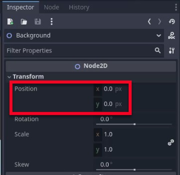 Al tauler de l'inspector de Godot, es mostra la secció Transformació d'un Node2D anomenada "Background", amb la seva propietat Posició ressaltada (específicament, les coordenades x i y s'estableixen en 0,0 px), alineant-se amb la instrucció de la lliçó per centrar el node de fons després d'agrupar els sprites enrajolats a sota per a la implementació de paral·laxi.