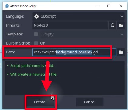 Aquesta imatge mostra el diàleg "Adjunta l'script del node" de Godot, on s'està creant un nou GDScript per a un Node2D per implementar l'efecte de fons de paral·laxi; el camp Ruta mostra "res://Scripts/background_parallax.gd", indicant la ubicació i el nom del fitxer de l'script tal com s'especifica a la lliçó, i una fletxa vermella apunta des d'aquest camí al botó "Crea" ressaltat, que indica el següent pas per generar el fitxer de l'script.