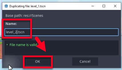 La imatge mostra un diàleg "Duplicar fitxer" d'un editor de desenvolupament de jocs, on l'usuari està canviant el nom d'un fitxer d'escena copiat. El camí base es mostra com a "res://Scenes" i el camp "Nom" conté "level_2.tscn", que indica que el fitxer duplicat s'està canviant de nom per representar el segon nivell. Un missatge de validació verd a continuació confirma que "El nom del fitxer és vàlid" i una fletxa vermella apunta al botó "D'acord" ressaltat, indicant que l'usuari ha de confirmar el canvi de nom per continuar amb la creació del nivell 2 tal com es descriu a la lliçó.