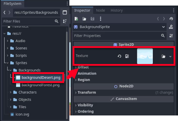 Al tauler FileSystem de l'editor Godot, el fitxer "backgroundDesert.png" està seleccionat a la carpeta "res://Sprites/Backgrounds", i al panell Inspector, la propietat "Textura" d'un node Sprite2D anomenat "BackgroundSprite" s'està assignant aquesta imatge de fons del desert, enllaçant visualment la selecció de fitxers amb la seva aplicació a l'escena del bosc com a nivell de creació. 2.