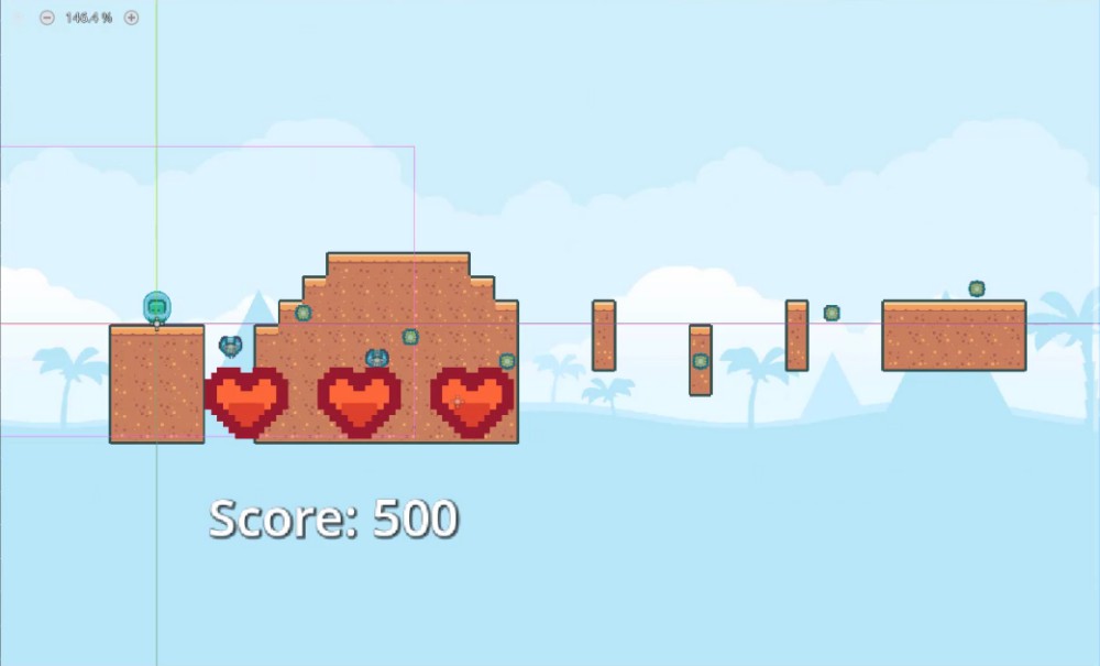 A la vista d'escena 2D de l'editor Godot de "level_2(*)", la finestra s'amplia fins al 146,4%, mostrant un nivell de tema desert amb plataformes d'art de píxels, tres indicadors de salut en forma de cor i una etiqueta "Puntuació: 500"; Les línies de quadrícula visibles i els contorns de selecció indiquen l'edició activa dels nodes del mapa de fitxes i dels elements del joc, com ara monedes i enemics, que reflecteixen l'enfocament de la lliçó a modificar els dissenys de nivell duplicats i a posicionar els components del joc després de canviar el fons i el conjunt de fitxes perquè coincideixin amb el tema del desert.