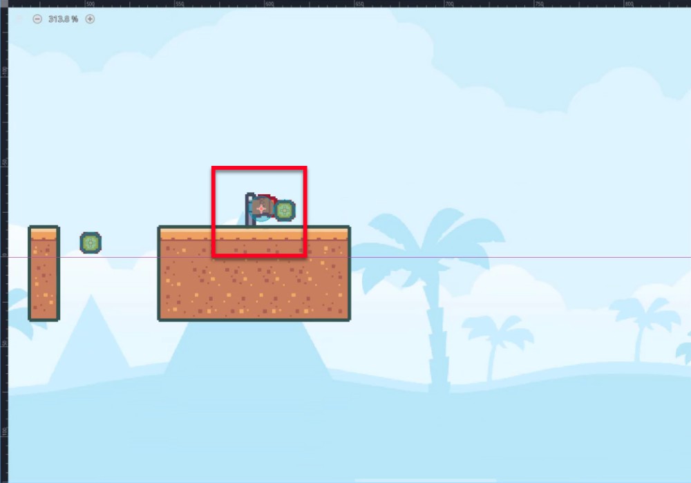 A la vista d'escena 2D de l'editor Godot de "level_2(*)", ampliada al 313,8%, un quadre vermell destaca la bandera final i la moneda adjacent col·locades damunt d'una plataforma de rajoles amb temàtica del desert; això il·lustra el pas de col·locar els elements essencials del joc després de modificar el mapa de fitxes, amb siluetes de palmeres de fons i un terreny llunyà visibles per reforçar el tema del desert presentat anteriorment a la lliçó.