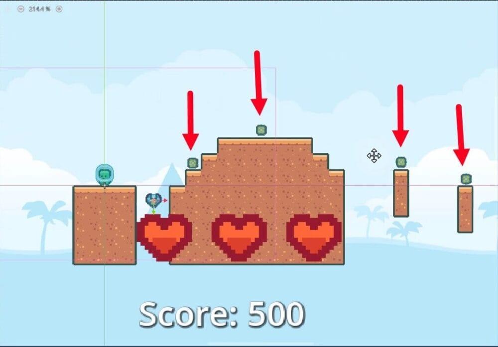 A la vista d'escena 2D de l'editor Godot de "level_2(*)" amb un zoom del 214,4%, les fletxes vermelles indiquen la col·locació dels nodes de monedes a sobre de plataformes de fitxes amb temàtica del desert, demostrant el pas de posicionar els elements del joc col·leccionables després de l'edició del mapa de les fitxes; l'escena inclou tres indicadors de salut del cor amb art de píxels i una etiqueta "Puntuació: 500", amb línies de quadrícula visibles per ajudar l'alineació, reforçant l'enfocament del tutorial a modificar els dissenys de nivell duplicats per a la varietat de joc.