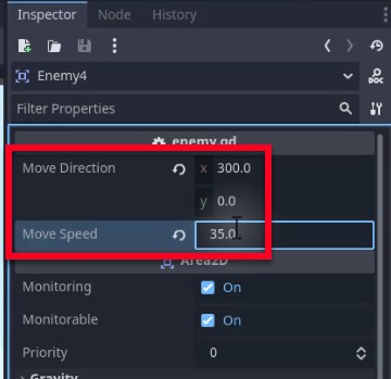 Al panell Inspector de l'editor Godot, les propietats d'un node "Enemic4" s'estan configurant per ajustar el seu comportament de moviment per al nivell 2; el vector "Direcció de moviment" s'estableix a x=300,0 i y=0,0, que indica un moviment horitzontal cap a la dreta, mentre que "Velocitat de moviment" està establert a 35,0, controlant la rapidesa amb què es mou l'enemic. Aquests paràmetres es destaquen en un quadre vermell per emfatitzar el seu paper a l'hora de modificar els patrons de moviment dels enemics com a part del disseny de nivells.