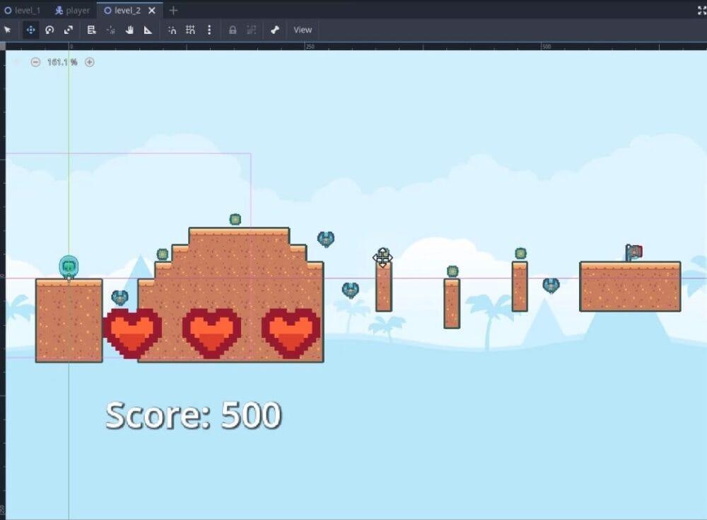 A la vista de l'escena 2D de l'editor Godot de "level_2(*)" amb un zoom del 161,1%, es mostra el disseny de nivell completat amb temàtica del desert, que inclou plataformes d'art de píxels construïts a partir de fitxes del desert, tres indicadors de salut en forma de cor situats per sobre d'una etiqueta de text "Puntuació: 500" i elements del joc col·locats estratègicament, com ara monedes, una bandera i una plataforma llunyana; les línies de quadrícula visibles i els contorns de selecció indiquen una edició activa, confirmant la duplicació i modificació correcta del nivell 1 en un nivell 2 diferent amb una nova geometria del mapa de fitxes i objectes de joc posicionats tal com es descriu a la lliçó.