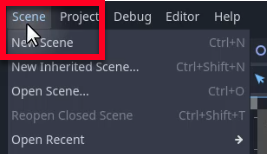La imatge mostra la barra de menú superior de l'editor Godot amb el menú "Escena" obert, destacant l'opció "Nova escena" (drecera de teclat Ctrl+N), que és el primer pas per crear l'escena del menú principal tal com s'indica a la lliçó; aquesta acció inicia el procés de configuració d'una nova escena anomenada "Menú" amb un node arrel de la interfície d'usuari, que es desarà com a menu.tscn a la carpeta Escenes.