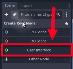 Aquesta imatge mostra el diàleg "Crea un node arrel" de l'editor Godot, al qual s'accedeix després de seleccionar "Nova escena", amb l'opció "Interfície d'usuari" destacada i seleccionada (indicada per un cercle verd) com a tipus de node arrel per a la nova escena del menú, alineant-se amb les instruccions de la lliçó per configurar un menú principal mitjançant una escena basada en IU.