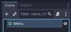 Aquesta imatge mostra el moll d'escena de l'editor Godot després de crear una nova escena, mostrant el node arrel anomenat "Menú" amb un cercle verd que indica que està seleccionat; això confirma l'èxit de la creació de l'escena del menú principal tal com s'indica, que servirà com a primera pantalla del joc i que més tard contindrà elements de la interfície d'usuari com els botons de reproducció i sortida.