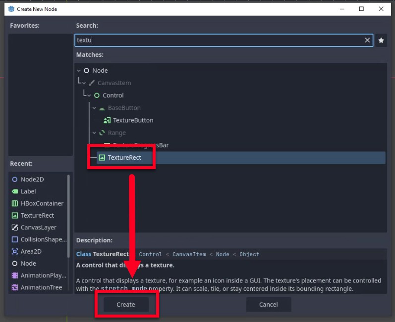 Aquesta imatge mostra el diàleg "Crea nou node" de l'editor Godot, on l'usuari ha escrit "textu" a la barra de cerca i seleccionat el node "TextureRect" de la llista de coincidències, un control que s'utilitza per mostrar textures com imatges de fons. El tauler de descripció confirma que és una subclasse de Control i explica la seva funció: mostrar una textura que pot escalar, enrajolar o centrar-se dins dels seus límits. Una fletxa vermella apunta des de l'entrada "TextureRect" seleccionada al botó "Crea" a la part inferior, indicant el següent pas per afegir aquest node com a fill del node Control del menú per configurar el fons del menú, tal com s'indica a la lliçó.