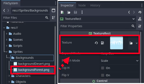 Aquesta imatge mostra el moll del sistema de fitxers de l'editor Godot i el tauler d'inspector durant el pas d'afegir una imatge de fons a l'escena del menú: al sistema de fitxers, l'usuari ha navegat a res://Sprites/Backgrounds i ha seleccionat "backgroundForest.png" (ressaltat amb un quadre vermell), mentre que a l'Inspector, la propietat del node TextureRect es mostra "també destacada amb la propietat del node TextureRect" amb la mateixa imatge "Tex ressaltada". quadre vermell), confirmant que l'actiu correcte està enllaçat al node tal com s'indica per configurar el fons del menú.