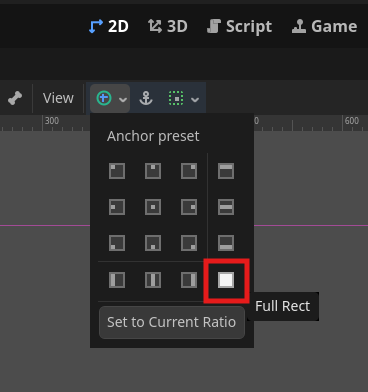 Aquesta imatge mostra el menú desplegable Anchor Preset de l'editor Godot, obert des del botó d'ancoratge circular verd de la barra d'eines superior, amb l'opció "Full Rect" ressaltada i seleccionada (indicada per un quadre vermell) per ancorar el node TextureRect a tota la finestra del joc; aquesta configuració garanteix que la imatge de fons canviï de mida per omplir la pantalla, tal com s'indica als passos actualitzats de la lliçó per crear l'escena del menú principal.