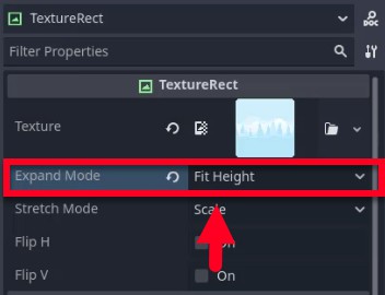 Aquesta imatge mostra el tauler d'inspector de l'editor Godot per a un node TextureRect, destacant la propietat "Mode d'expansió" establerta a "Ajusta alçada" (indicada per un quadre vermell i una fletxa), que canvia la mida de la imatge de fons per adaptar-se a l'alçada de la pantalla mantenint la relació d'aspecte, un pas clau per fer que el fons del menú respongui a diferents resolucions tal com s'indica a la lliçó.