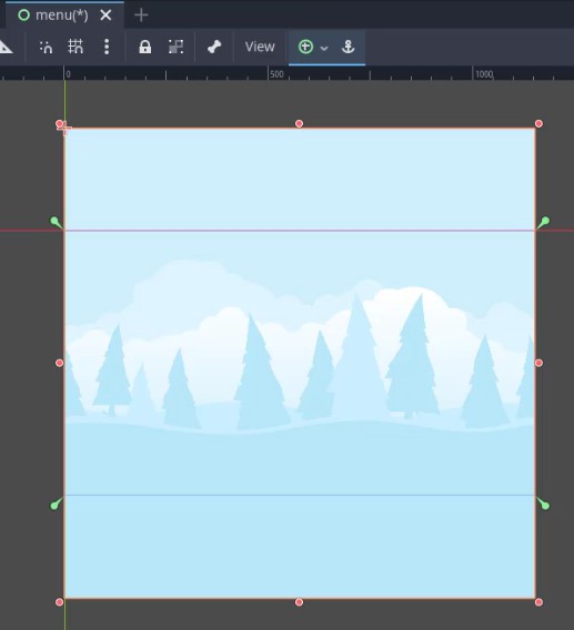 Aquesta imatge mostra la finestra 2D de l'editor Godot que mostra l'escena del "menú (*)", on s'ha redimensionat un node TextureRect anomenat "Fons" per omplir tota l'àrea de la pantalla, indicat pel seu quadre delimitador que s'estén a les vores de la finestra gràfica i s'alinea amb les guies d'ancoratge vermelles a la part superior, inferior, esquerra i dreta. El node mostra la imatge forest_background.png, amb pins estilitzats contra un cel i un terra blaus clars, confirmant l'èxit de l'assignació i l'ancoratge. El botó d'ancoratge circular verd de la barra d'eines superior està actiu, cosa que reflecteix que s'ha aplicat el valor predefinit d'ancoratge "Full Rect" i el mode d'expansió del node està configurat en "Ajusta l'alçada" (tal com s'ha configurat anteriorment), assegurant que el fons s'escala de manera sensible a la resolució de la finestra mantenint la relació d'aspecte.