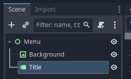 Aquesta imatge mostra el dock Scene de l'editor Godot amb el node arrel "Menú" expandit, mostrant els seus nodes fills: "Background" (un node TextureRect) i "Títol" (un node Label), que actualment està seleccionat i ressaltat en blau; això confirma la creació correcta i la col·locació jeràrquica de l'element de text del títol sota el node Menú tal com s'indica per a la configuració de l'escena del menú principal.