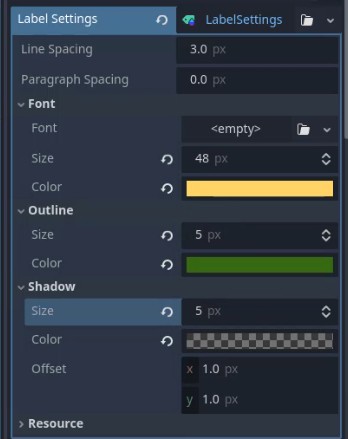 Aquesta imatge mostra el tauler d'inspector de l'editor Godot amb el node Etiqueta "Títol" seleccionat, mostrant les seves propietats "Configuració de l'etiqueta": l'interlineat s'estableix a 3,0 px, l'espai entre paràgrafs a 0,0 px, la mida de la lletra a 48 px, la mida del contorn a 5 px amb un color verd i la mida de l'ombra a 5 px amb un desplaçament de x=1,0 px; aquests paràmetres s'estan configurant per fer que el text del títol sigui més visible a la pantalla després de centrar-lo a l'escena del menú.