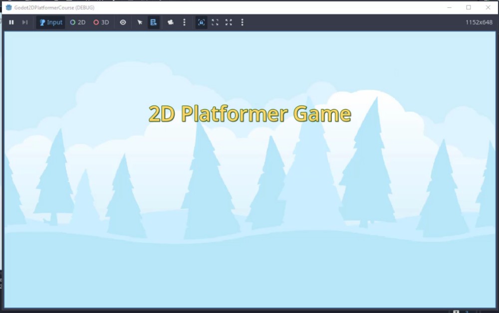 Aquesta imatge mostra la finestra 2D de l'editor Godot durant la configuració de l'escena del "menú", mostrant el fons i el títol del menú principal completat: una imatge de fons blau clar de temàtica forestal omple tota la pantalla (resolució de 1152 x 648), amb el node Label centrat titulat "Joc de plataformes 2D" representat en text groc amb contorn visible i efectes d'ombra; la barra d'eines superior mostra que l'escena està en mode DEBUG al projecte "Godot2DPlatformerCourse", confirmant que s'ha aplicat el disseny de la interfície d'usuari i els passos d'estil visual de la lliçó.