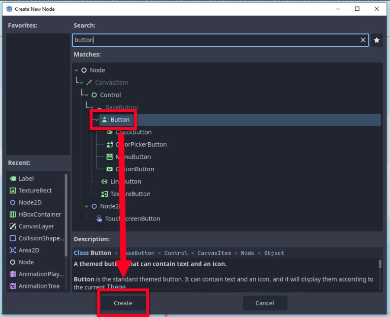 Al diàleg "Crea un nou node" de l'editor Godot, l'usuari ha escrit "botó" a la barra de cerca i el node "Botó" es selecciona de les coincidències a la categoria Control; una fletxa vermella apunta des de l'entrada "Botó" seleccionada al botó "Crea" a la part inferior del diàleg, indicant el següent pas per crear una instancia d'aquest node de botó temàtic estàndard (que pot contenir text i una icona) com a part de la creació dels botons de reproducció i sortida del menú principal.