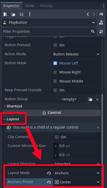 Aquesta imatge mostra el tauler d'inspector de l'editor Godot amb el node "PlayButton" seleccionat, ressaltant la seva configuració de disseny: a la secció ampliada "Disposició" (marcada amb un quadre vermell), una fletxa vermella apunta a la propietat "Mode de disseny" establerta a "Ancores" i la propietat "Ancores preestablerts" establerta a "Centre", indicant que aquest botó de configuració principal està configurat com a part del botó de configuració principal. IU del menú.