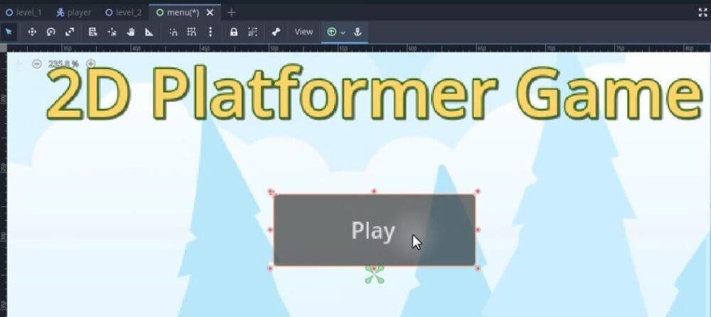 A la finestra 2D de l'editor Godot, l'escena "menú (*)" mostra el menú principal amb un fons de bosc blau clar i un títol centrat que diu "Joc de plataformes 2D"; a sota del títol, es selecciona un node de botó gris fosc amb l'etiqueta "Reprodueix", que es mostra amb nanses de canvi de mida vermelles i un pivot de rotació verd al centre, que indica que s'està posicionant o ajustant com a part de la configuració dels elements interactius del menú.