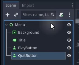 Aquesta imatge mostra el dock Scene de l'editor Godot amb el node arrel "Menú" ampliat, mostrant els seus nodes fills: "Background" (un TextureRect), "Títol" (una etiqueta) i dos nodes Button, "PlayButton" i "QuitButton", amb "QuitButton" seleccionat i ressaltat en blau; això confirma l'estructura jeràrquica de l'escena del menú principal segons les instruccions, on el botó Surt s'ha afegit com a germà al botó Reproduir sota el node de control del menú.