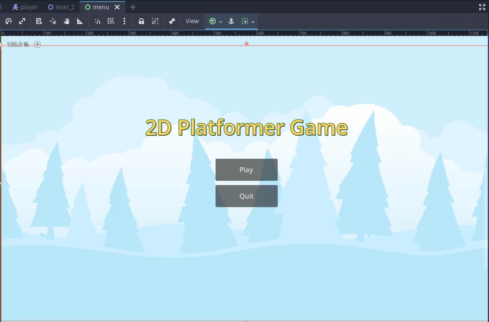 Aquesta imatge mostra la finestra 2D de l'editor Godot que mostra l'escena del menú principal completa anomenada "menú", amb una imatge de fons de bosc blau clar a pantalla completa, un títol groc centrat que diu "Joc de plataformes 2D" amb un contorn fosc i dos nodes de botons gris fosc apilats verticalment etiquetats "Reproduir" i "Surt" situats a sota del títol; l'escena està configurada amb l'ancoratge i l'alineació adequats per garantir la capacitat de resposta, tal com s'indica a la lliçó per configurar la pantalla inicial del joc.