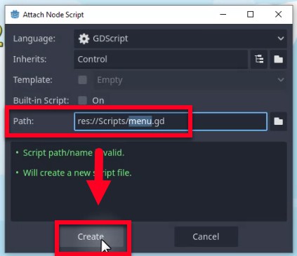 Aquesta imatge mostra el diàleg "Adjuntar script del node" de l'editor Godot, on s'està creant un nou GDScript per a un node de control; el camp Path s'estableix a "res://Scripts/menu.gd", indicant que l'script es desarà a la carpeta Scripts amb aquest nom de fitxer, i el botó "Crea" es ressalta amb un quadre vermell i una fletxa, indicant el següent pas per generar el fitxer de script com a part de la configuració de la funcionalitat de l'escena del menú principal.