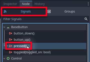 Al panell Inspector de l'editor Godot, la pestanya Senyals està activa (resaltada amb un quadre vermell), mostrant els senyals disponibles per al node BaseButton seleccionat; el senyal premut() es ressalta específicament amb un quadre vermell i un cursor del ratolí passant sobre ell, indicant que l'usuari està a punt de connectar aquest senyal, un pas clau per configurar la funcionalitat del botó per a l'escena del menú principal tal com s'indica a la lliçó.
