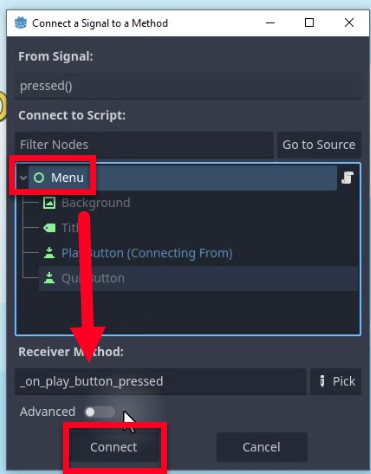 Aquesta imatge mostra el diàleg "Connexió d'un senyal a un mètode" de Godot, on el senyal premut() d'un node Button s'està connectant a un mètode d'script. El camp "Des del senyal" mostra "premut()" i a "Connecta a l'script", es selecciona el node "Menú" (ressaltat amb un quadre vermell), que indica l'script de destinació. El camp "Mètode del receptor" conté el nom del mètode "_on_play_button_pressed", que es cridarà quan es prem el botó. Una gran fletxa vermella apunta des del "PlayButton (Connexió des de)" seleccionat a la llista de nodes al botó "Connexió" a la part inferior (també destacat amb un quadre vermell), il·lustrant el pas final per establir la connexió del senyal per a la funcionalitat del botó de reproducció a l'escena del menú principal.