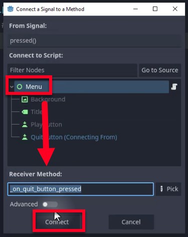 Aquesta imatge mostra el diàleg "Connecta un senyal a un mètode" de Godot, on el senyal premut() d'un node Button s'està connectant a un mètode d'script per al node "Menú" (ressaltat en vermell). El camp Mètode del receptor conté el text "_on_quit_button_pressed", que indica el nom de la funció GDScript que s'anomenarà quan es prem el botó. Una gran fletxa vermella apunta des del node "Menú" seleccionat al botó "Connexió" (també destacat en vermell), que finalitza la connexió del senyal, un pas clau per fer que el botó Surt funcioni a l'escena del menú principal.